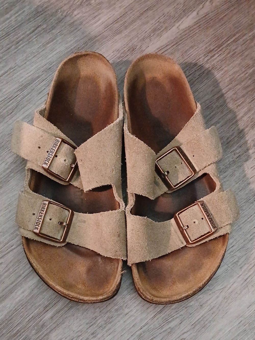Birkenstock Two-Strap Suede Sandals in Light Tan